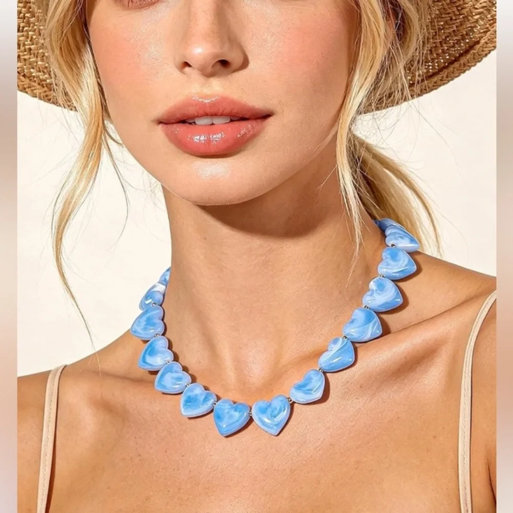 New Light Blue Heart Marbled Bead Choker Necklace